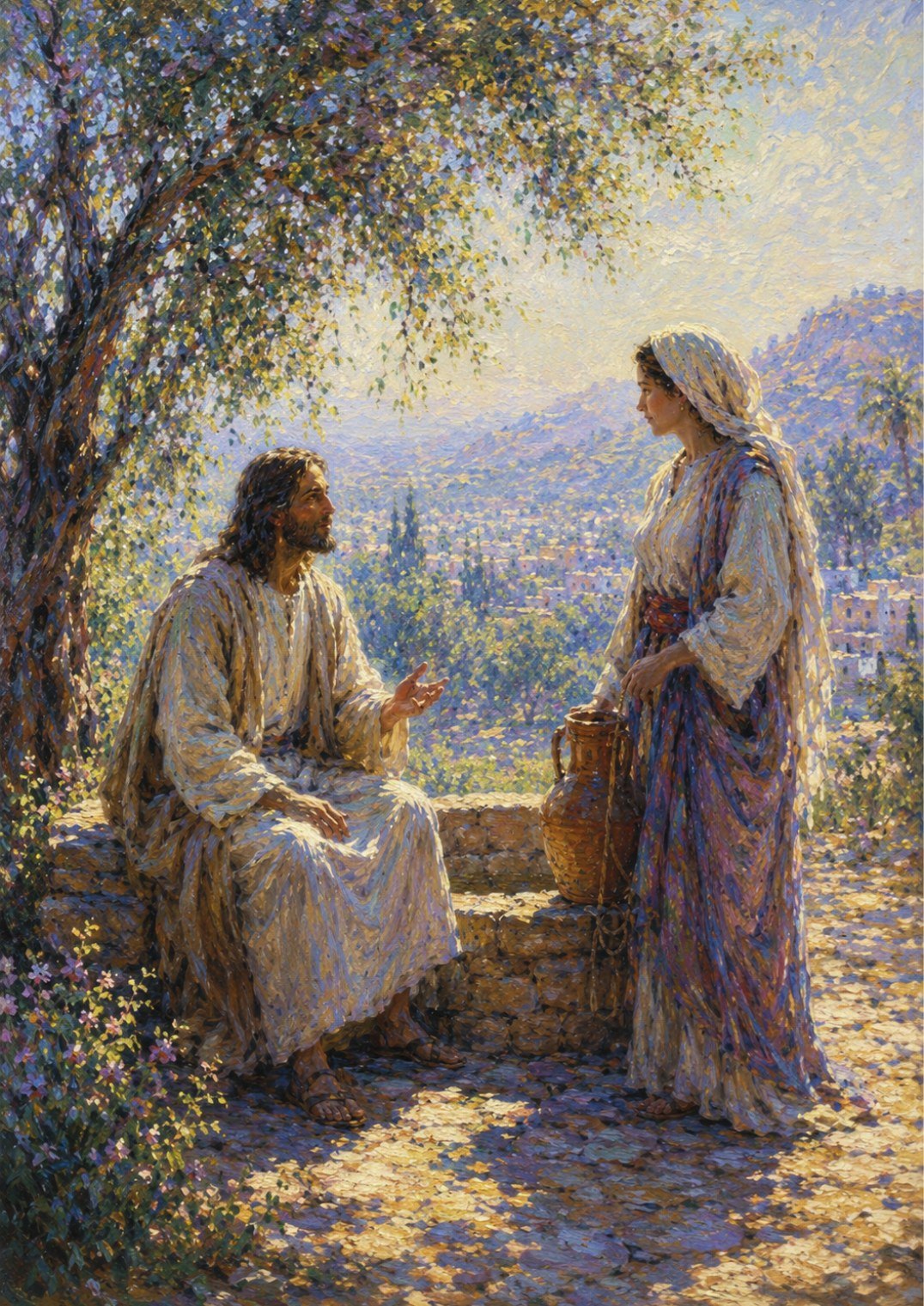 A painting of Jesus seated on the edge of a stone well, in conversation with a Samaritan woman who stands beside her water jar, beneath a tree in dappled sunlight.